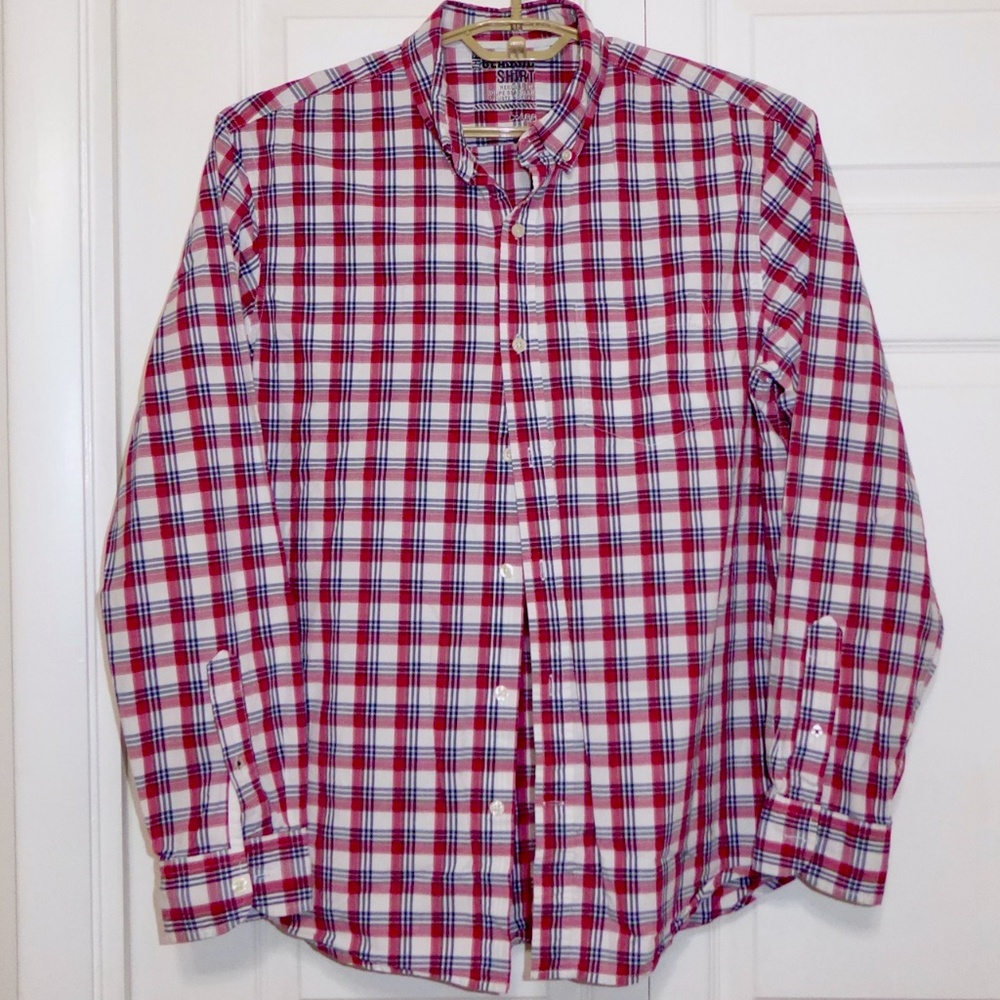MENS CLASSIC BUTTON DOWN SHIRT PLAID OLD NAVY REGULAR FIT RED WHITE BLUE LARGE L